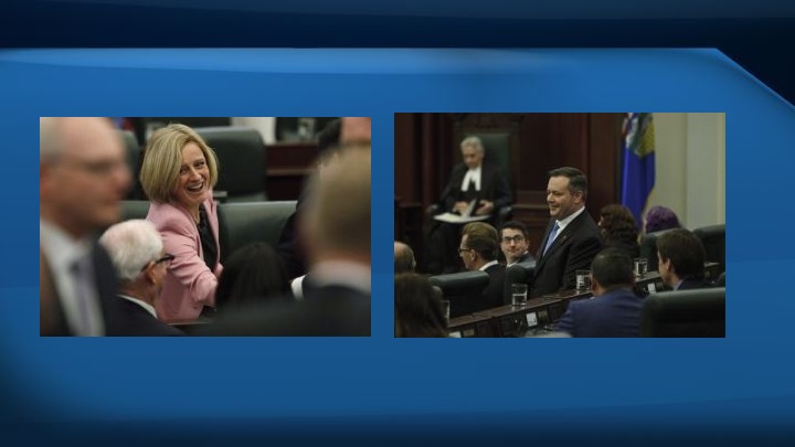 Rachel Notley photo from March 8, 2018 (left) and Jason Kenney photo from March 8, 2018 (right).