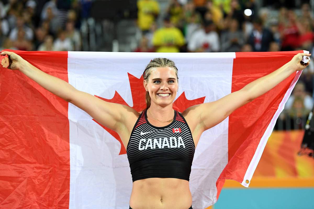 Gold medalist Alysha Newman of Canada celebrates after the Women's Pole Vault Final of the XXI Commonwealth Games at Carrara Stadium on the Gold Coast, Australia, 13 April 2018.