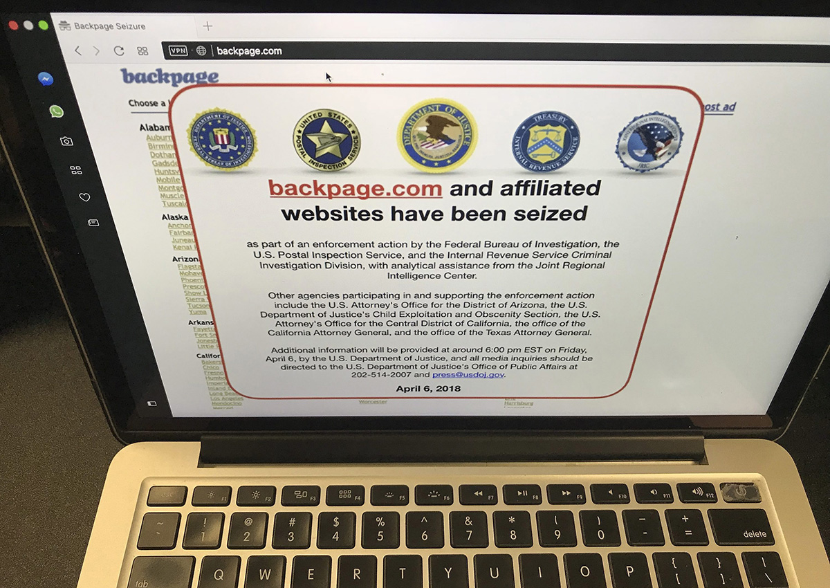A screen shot of the website Backpage.com is seen Los Angeles Friday, April 6, 2018. 