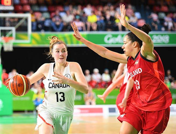 Paige Crozon (left) drives to the basket past Azania Stewart during a basketball match between England and Canada at the Commonwealth Games on April 6, 2018, in Australia. 