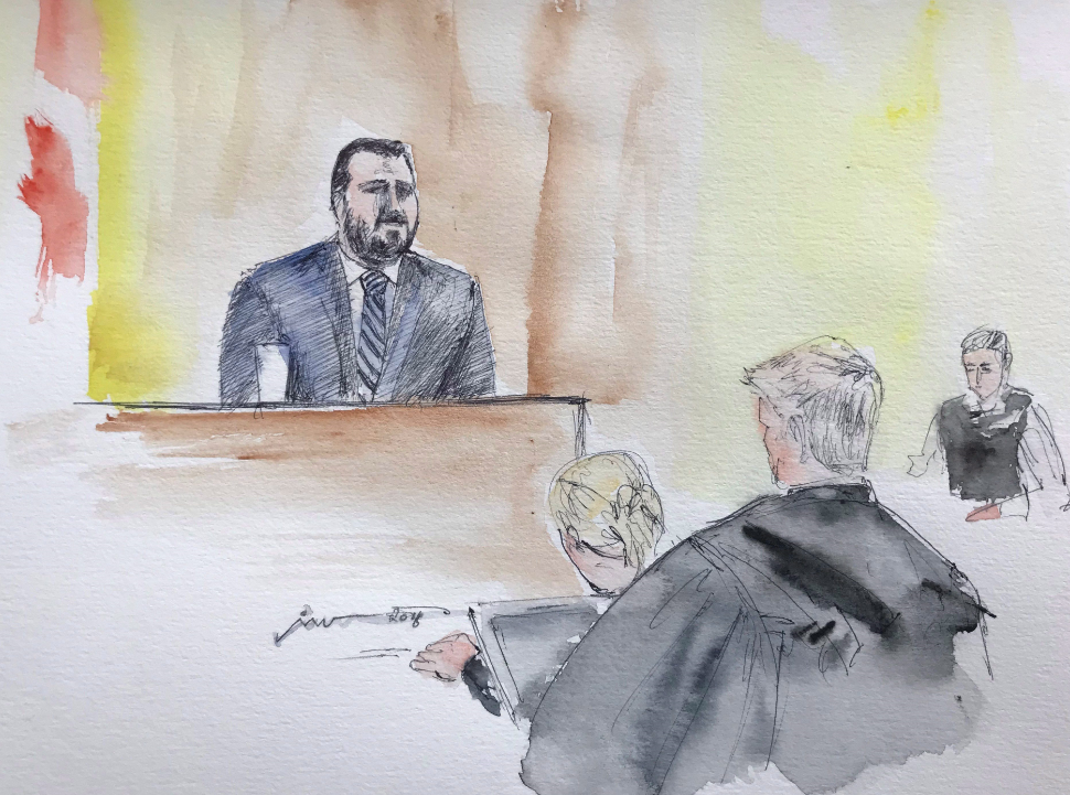 In this artist’s sketch, Nicholas Butcher testifies in a Halifax courtroom on Thursday, April 19, 2018. Butcher took the stand in his own defence at his second-degree murder trial in the death of Halifax yoga instructor Kristin Johnston