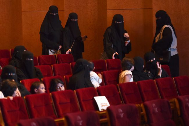 Saudi women arrive to watch Saudi short movies during the "Short Film Competition 2" festival on October 20, 2017, at King Fahad Culture Center in Riyadh.
The rare movie night this week in Riyadh was a precursor to what is expected to be a formal lifting of the kingdom's ban on cinemas, long vilified as vulgar and sinful by religious hardliners.


