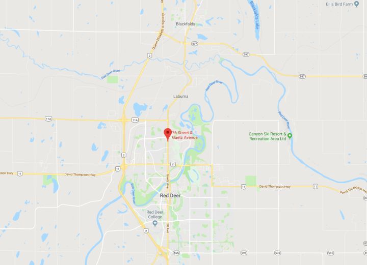 A map with the red marker indicating the general area of Red Deer, Alta. where a pedestrian was struck and killed by a vehicle on March 11, 2018.
