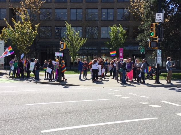 Hundreds of people showed up to rally both for and against SOGI 123 in Vancouver Monday, April 23. Credit: Jen Palma/ Global News.