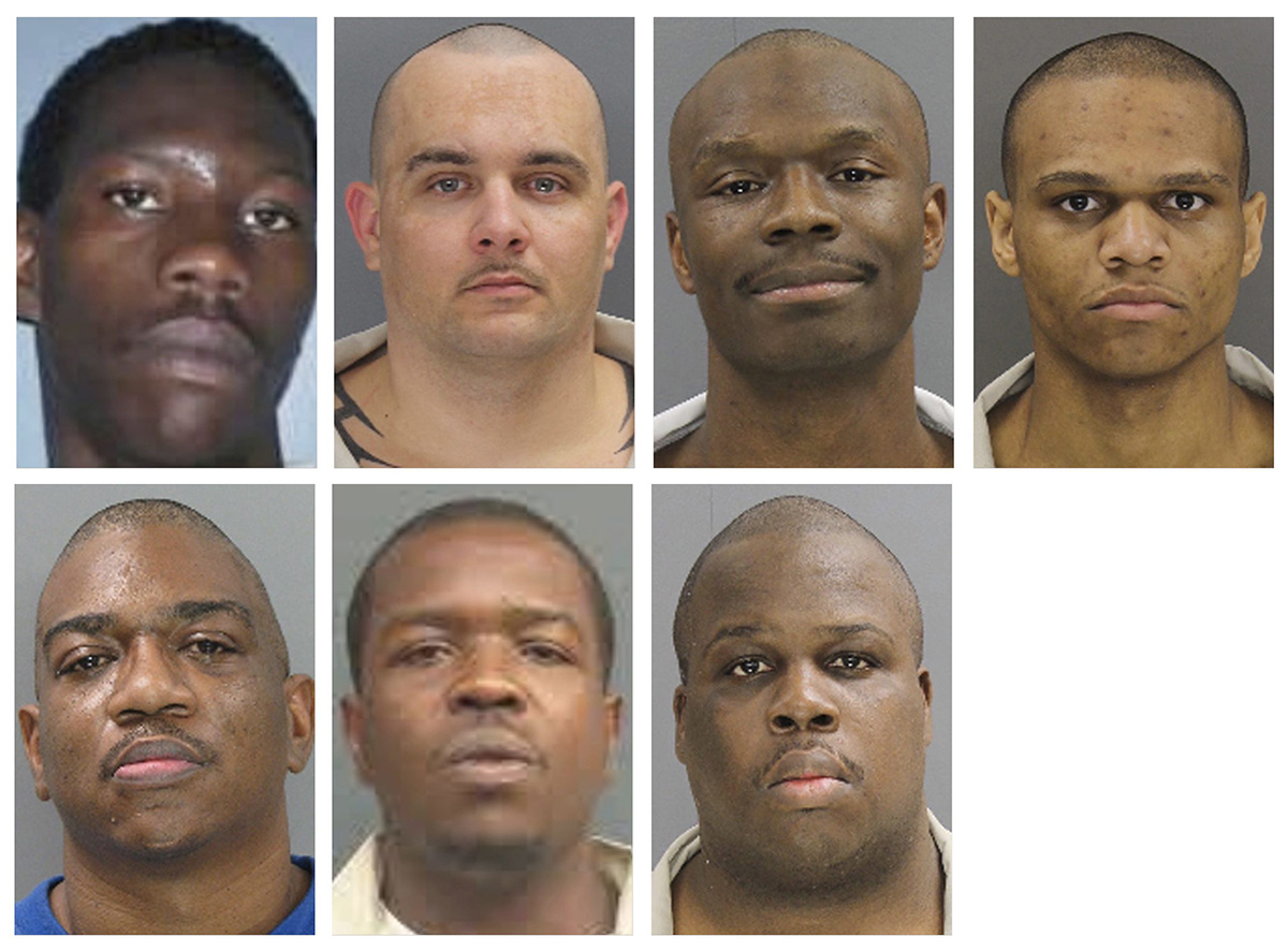 These undated photos provided by the South Carolina Department of Corrections shows, from top row from left, Corey Scott, Eddie Casey Gaskins, Raymond Angelo Scott and Damonte Rivera; bottom row from left, Michael Milledge, Cornelius McClary and Joshua Jenkins.