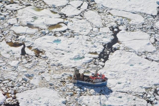 A crab fishing boat trapped in the multi-year sea ice off the Newfoundland coast.