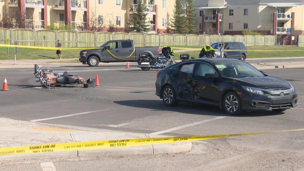 A collision between a vehicle and a motorbike on 68 Street and 22 Avenue N.E. on May 12, 2018.