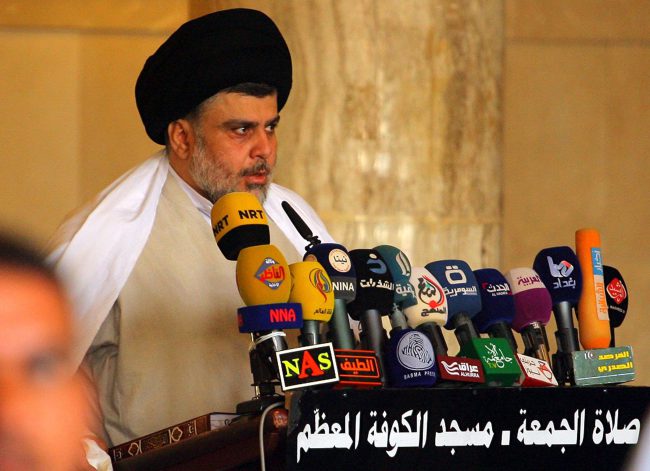 Moqtada al-Sadr leads Friday prayers at the Kufa mosque in Najaf, Iraq, Sept. 23, 2016.  