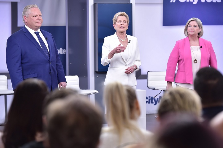 Liberal Leader Kathleen Wynne, centre, Progressive Conservative Leader Doug Ford, left, and NDP Leader Andrea Horwath take part in the Ontario Leaders debate in Toronto. Analyst Barry Kay says the election is currently Ford's to lose, but Horwath could still surprise.