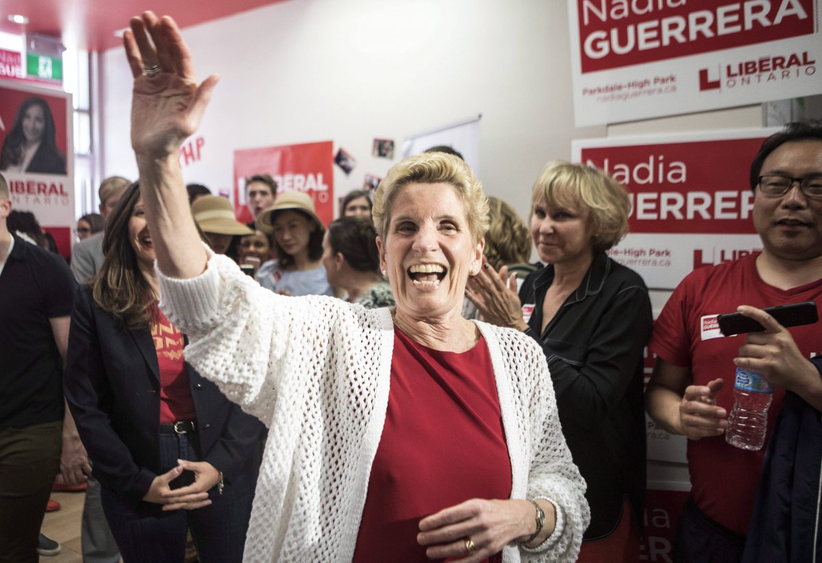 Ontario Premier Kathleen Wynne arrives at a party event to support candidate Nadia Guerrera, in Toronto on May 8.