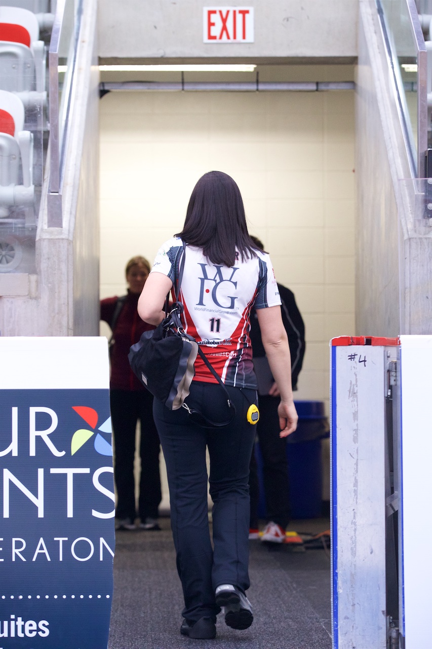 Jill Officer shown leaving the ice surface in Calgary following the Grand Slam of Curling in April.