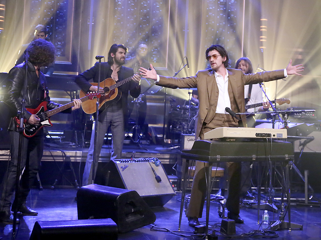 Nick O'Malley, Alex Turner, Matt Helders and Jamie Cook of the Arctic Monkeys perform 'Four Out of Five' on May 10, 2018 on 'Jimmy Fallon.'.