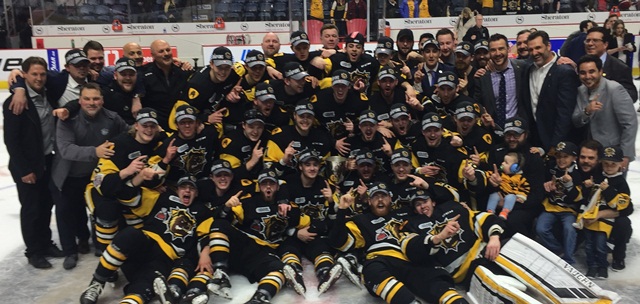 The Hamilton Bulldogs celebrate the franchise's first Ontario Hockey League championship.