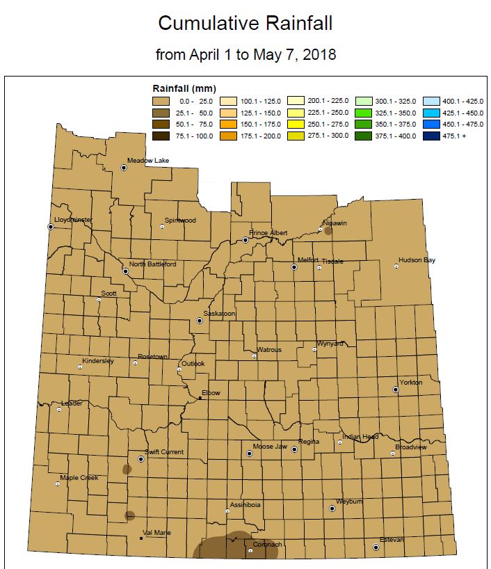 Rain on May 8 ended a month long run of dry conditions and little to no moisture experienced by most of the province.