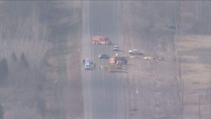 Traffic on Highway 28 north of Gibbons, Alta. was being rerouted on Tuesday evening as the RCMP investigated a two-vehicle crash.