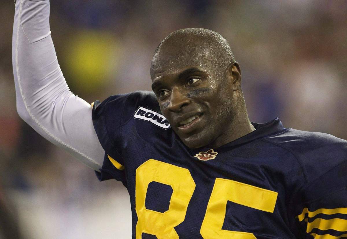 Winnipeg Blue Bombers Milt Stegall celebrates a touchdown during first half CFL action against the Toronto Argonauts on Friday, Sept. 12, 2008 in Toronto.