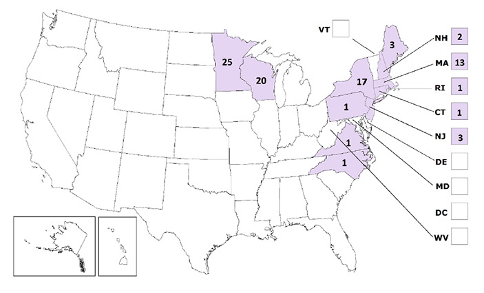 Powassan virus neuroinvasive disease cases reported by state of residence, 2007–2016