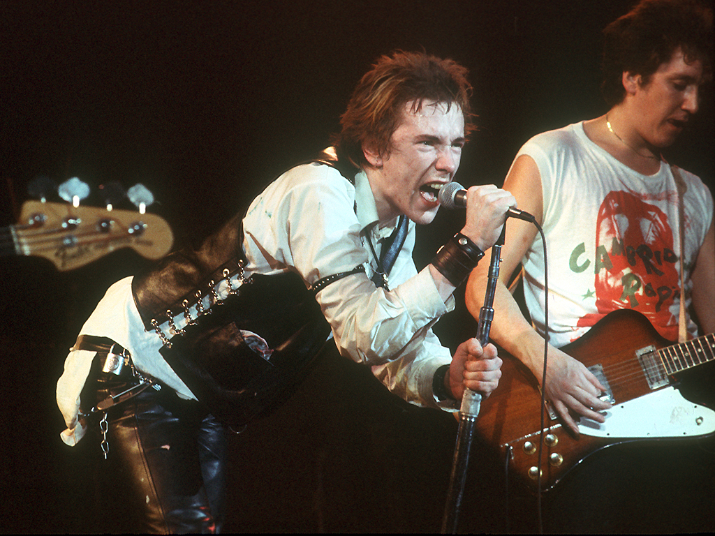 Johnny Rotten and guitarist Steve Jones of the Sex Pistols perform their last concert on Jan. 14, 1978 in San Francisco, Calif.
