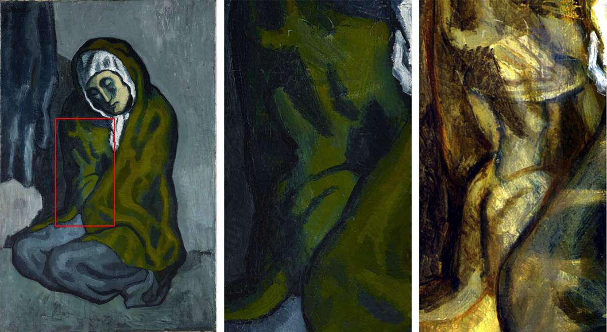 A composite image of hyper-spectral imaging has revealed a hand holding what appears to be a piece of bread, which Picasso then painted over with the shroud, in his work La Misereuse accroupie, shown in this recent handout photo. THE CANADIAN PRESS/HO - Art Gallery of Ontario (AGO) and National Gallery of Art (NGA).