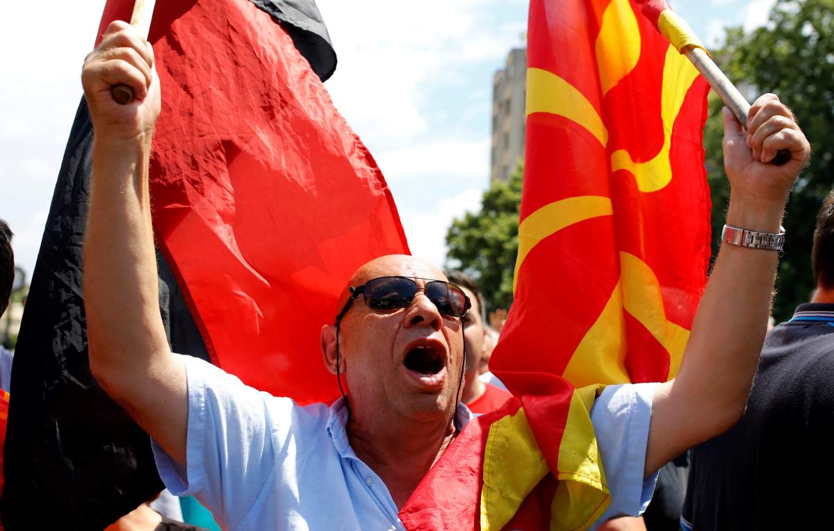Supporters of Macedonia’s biggest opposition VMRO-DPMNE protest against the name change deal with Greece in Bitola, Macedonia June 17, 2018.