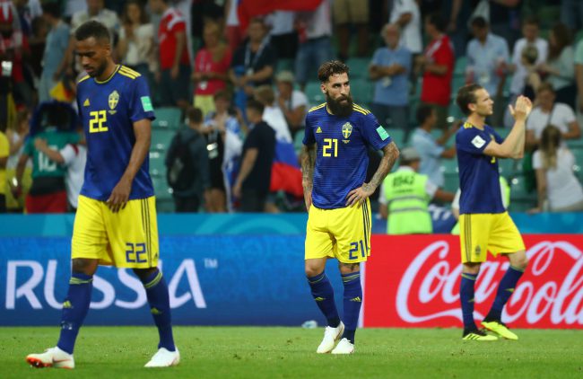 Sweden’s Jimmy Durmaz (number 21) looks dejected after Sweden’s 1-2 defeat to Germany in a FIFA World Cup group stages match at the Fisht Stadium in Sochi, Russia, June 23, 2018.