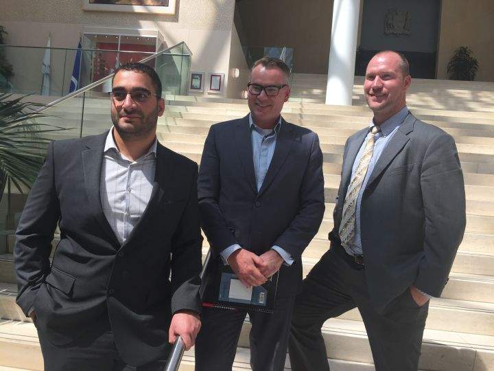 Haydar Al Dahhan, Ben Gardner and Mike Butler at Edmonton City Hall on June 19, 2018.