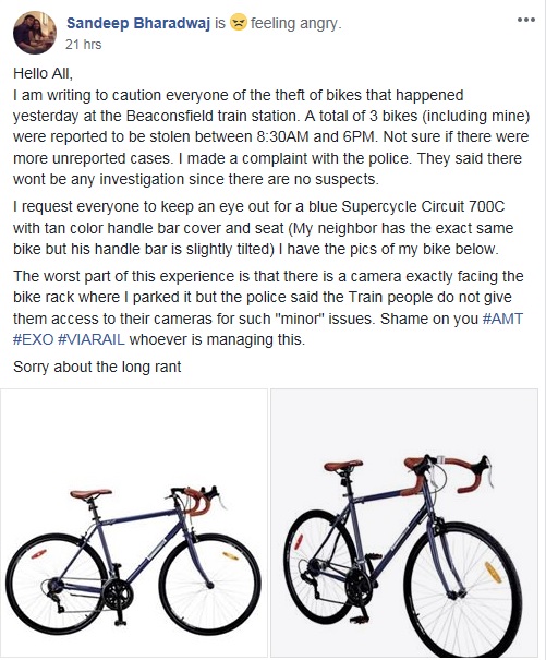 A Beaconsfield resident posts about being disappointed with Montreal police on Facebook on Friday, June 22.