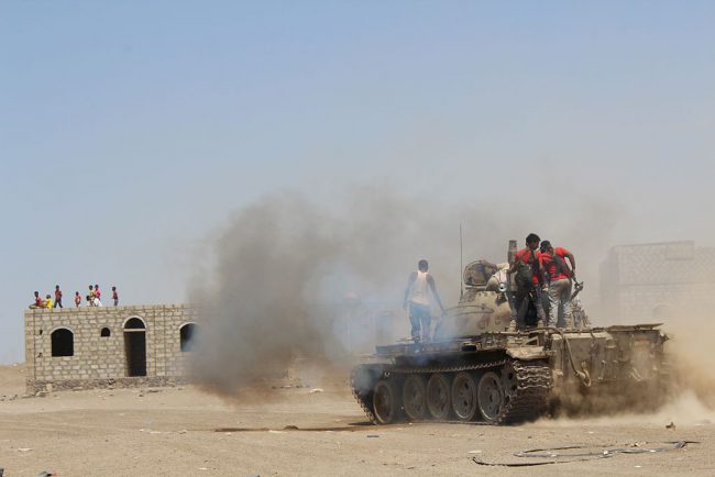 Saudi-backed militias of Yemeni President Abedrabbo Mansour Hadi are seen in Aden, Yemen, Oct. 2, 2015. The Senate Committee on Human Rights cited the sale of light armoured vehicles to Saudi Arabia as an example of the failure of Canadian export laws to balance economic gains with human rights.

