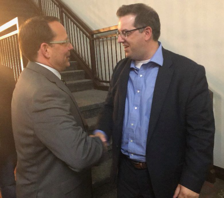 Guelph Mayor Cam Guthrie congratulates newly-elected Green Party MPP Mike Schreiner Thursday night. 
