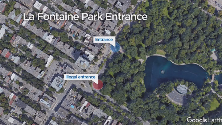 View of appropriate and inappropriate entrances to La Fontaine park. Monday, June 25, 2018.