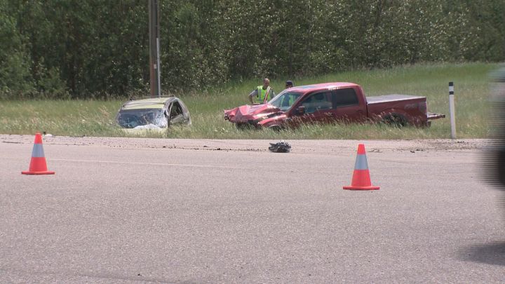 A 56-year-old woman was killed in a two-vehicle crash on Highway 16 west of Edmonton Thursday, June 28. 2018.