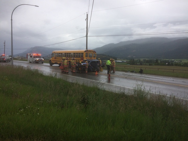 Five people are believed to be injured in this highway crash which involved a school bus near Enderby, B.C.