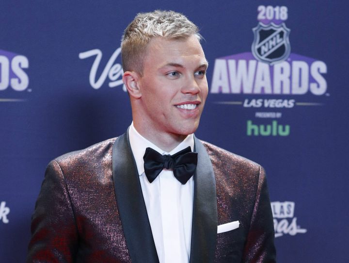 New Jersey Devils' Taylor Hall poses on the red carpet before the NHL Awards, Wednesday, June 20, 2018, in Las Vegas.