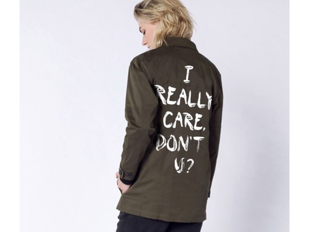 Portland-based fashion label Wildfang has created a jacket in response to the one worn by Melania Trump that says, "I really care." .