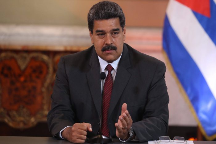 FILE — Venezuelan President, Nicolas Maduro, and his Cuban counterpart, Miguel Diaz-Canel (out of frame), speak at Miraflores Palace in Caracas, Venezuela, 30 May 2018.