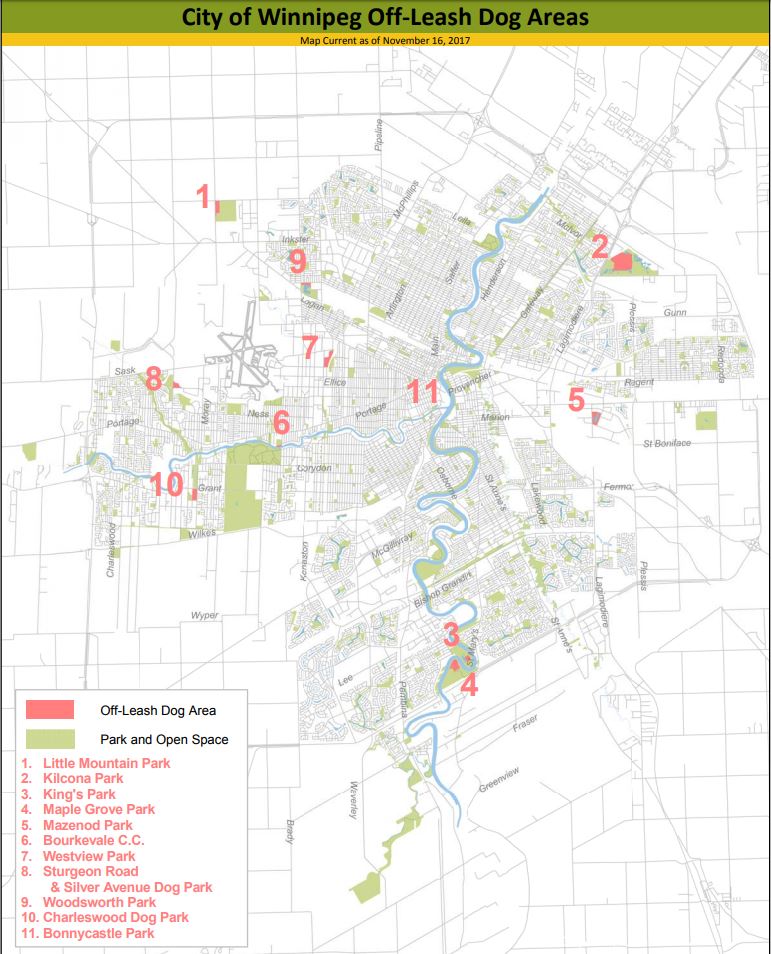 This map on the City of Winnipeg website shows the current locations of off-leash dog parks.