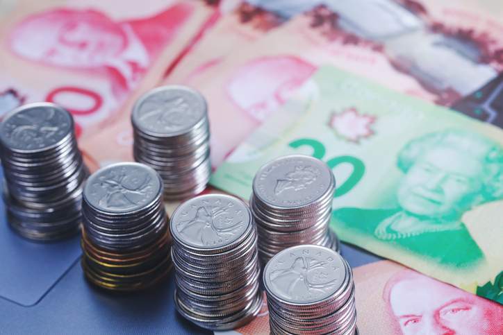 Real Canadian dollar coins on banknotes background. Stacks of Canadian coins. Best conceptual picture for canadian bank, finances, commerce & revenues projects.
