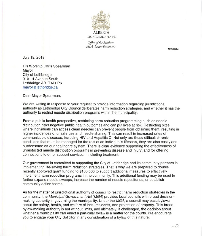 Alberta Health Minister’s letter to Mayor Spearman