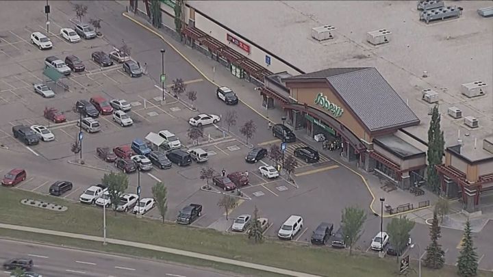 Edmonton police vehicles are seen in front of a Sobeys grocery store in Mill Woods on July 19, 2018. 