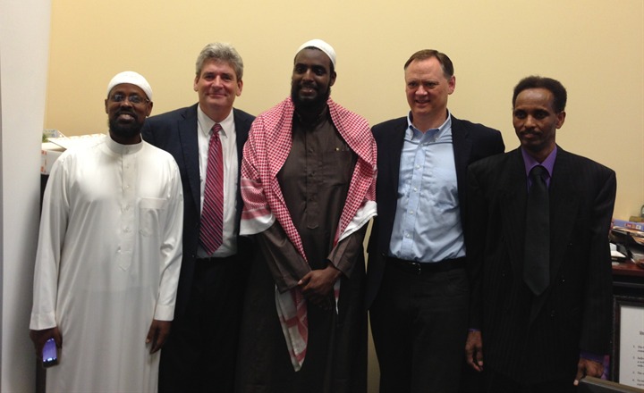 Liberal MPP John Fraser (second from left) and Liberal MP David McGuinty (second from right) at the Assalam mosque in 2013, the period examined by auditors.
