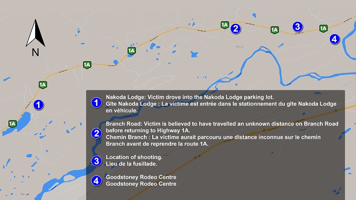 A map created by the RCMP that shows important points from the incident where a German tourist was shot while travelling on Highway 1A in southern Alberta.