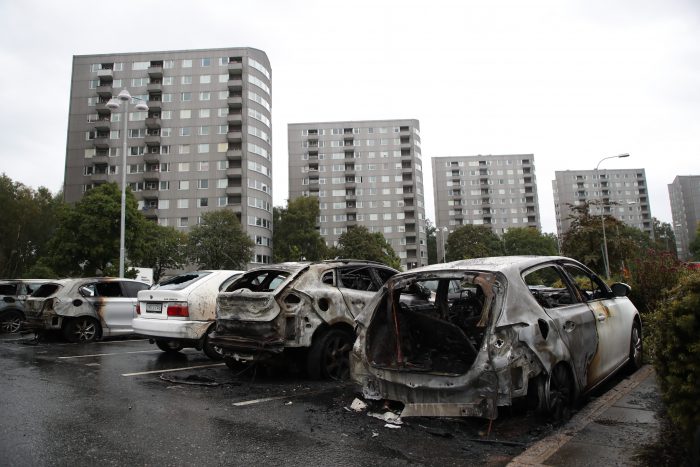 Burned out cars at Frolunda Square in Gothenburg, Sweden, 14 August 2018.