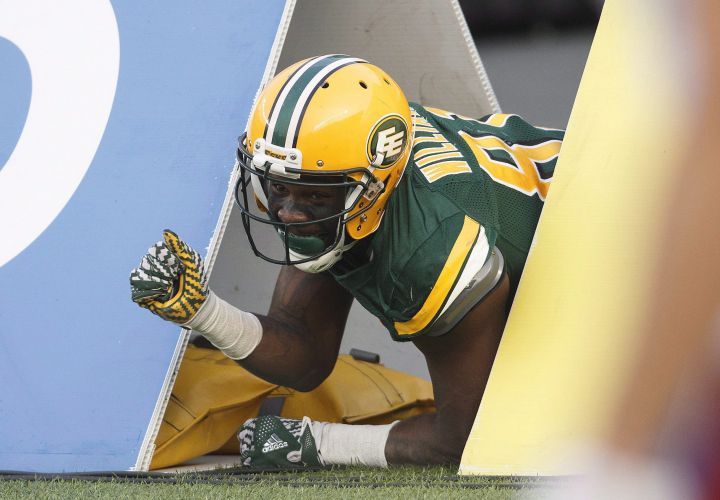 Edmonton Eskimos' D'haquille Williams (81) celebrates a touchdown against the Montreal Alouettes during first half CFL action in Edmonton, Alta., on Saturday August 18, 2018.