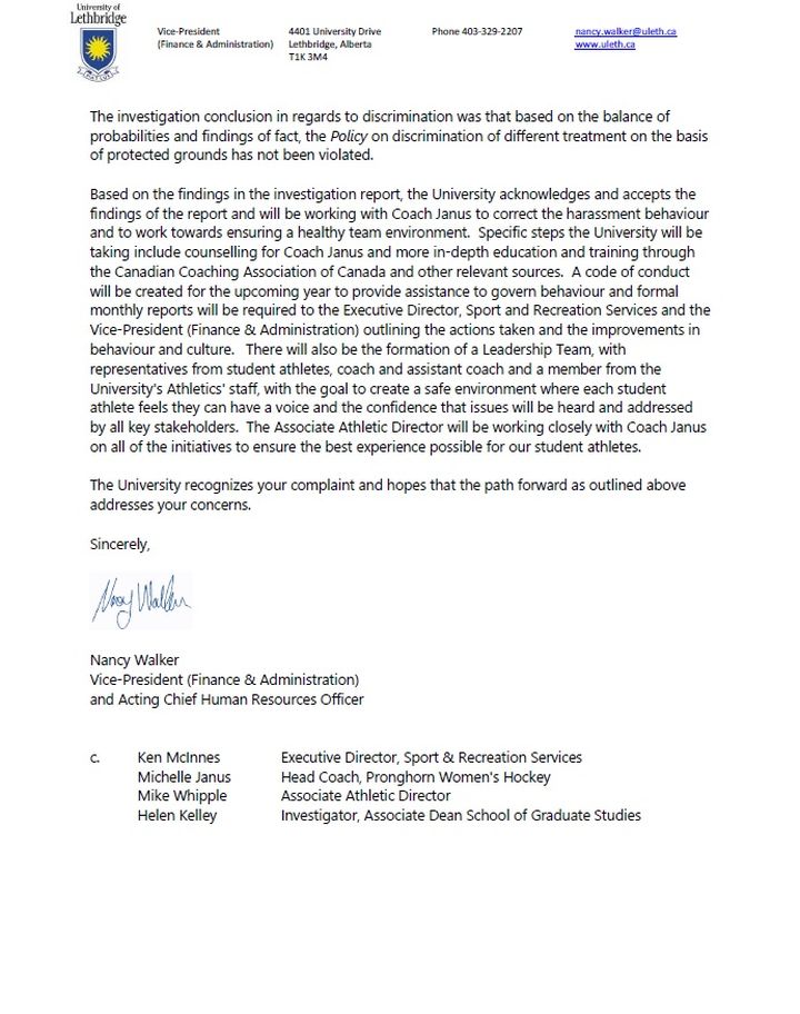 The second page of The University of Lethbridge’s response to the six players, from University of Lethbridge vice-president (Finance and Administration) and acting chief human resources officer Nancy Walker.