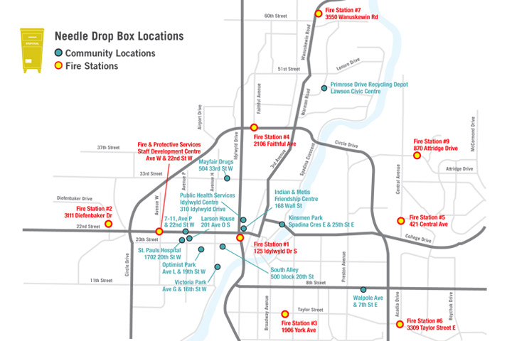 Location of needle drop boxes in Saskatoon.