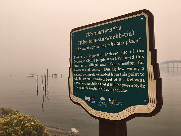 A view from West Kelowna, looking east towards Kelowna, with the W.R. Bennett Bridge to the right. Normally, Kelowna’s downtown core and its beaches would be easily visible. Smoky conditions, however, have clouded that view.