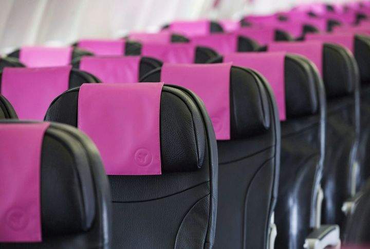 The cabin of a Swoop Airlines Boeing 737 on display during a media event, Tuesday, June 19, 2018 at John C. Munro International Airport in Hamilton, Ont. 