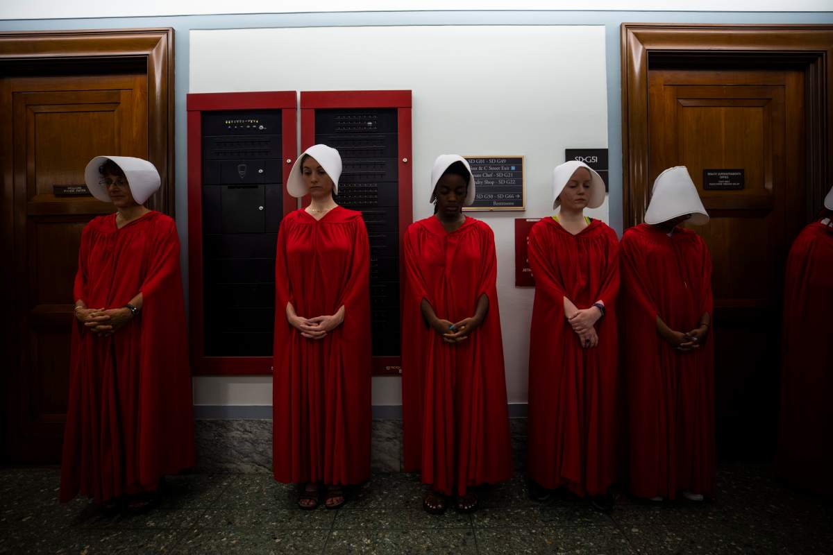Protesters dressed in costumes from the dystopian novel The Handmaid’s Tale gather outside the Senate confirmation hearing of circuit judge Brett Kavanaugh to be an Associate Justice of the Supreme Court of the United States in the Hart Senate Office Building in Washington, DC, USA, 05 September 2018.