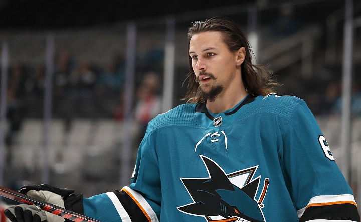 San Jose Sharks defenseman Erik Karlsson warms up for the team's NHL preseason hockey game against the Calgary Flames in San Jose, Calif., Thursday, Sept. 27, 2018. 
