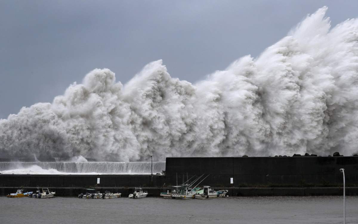 High waves triggered by Typhoon Jebi are seen at a fishing port in Aki, Kochi Prefecture, western Japan, in this photo taken by Kyodo September 4, 2018.